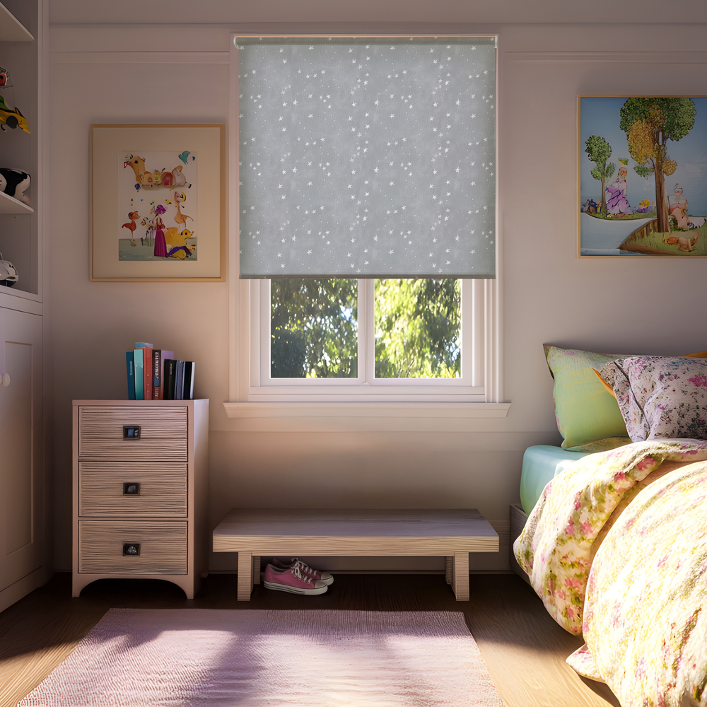 VICTORY 25 ROLLER BLINDS STARRY SKIES MOUSE GREY KIDS BEDROOM 01