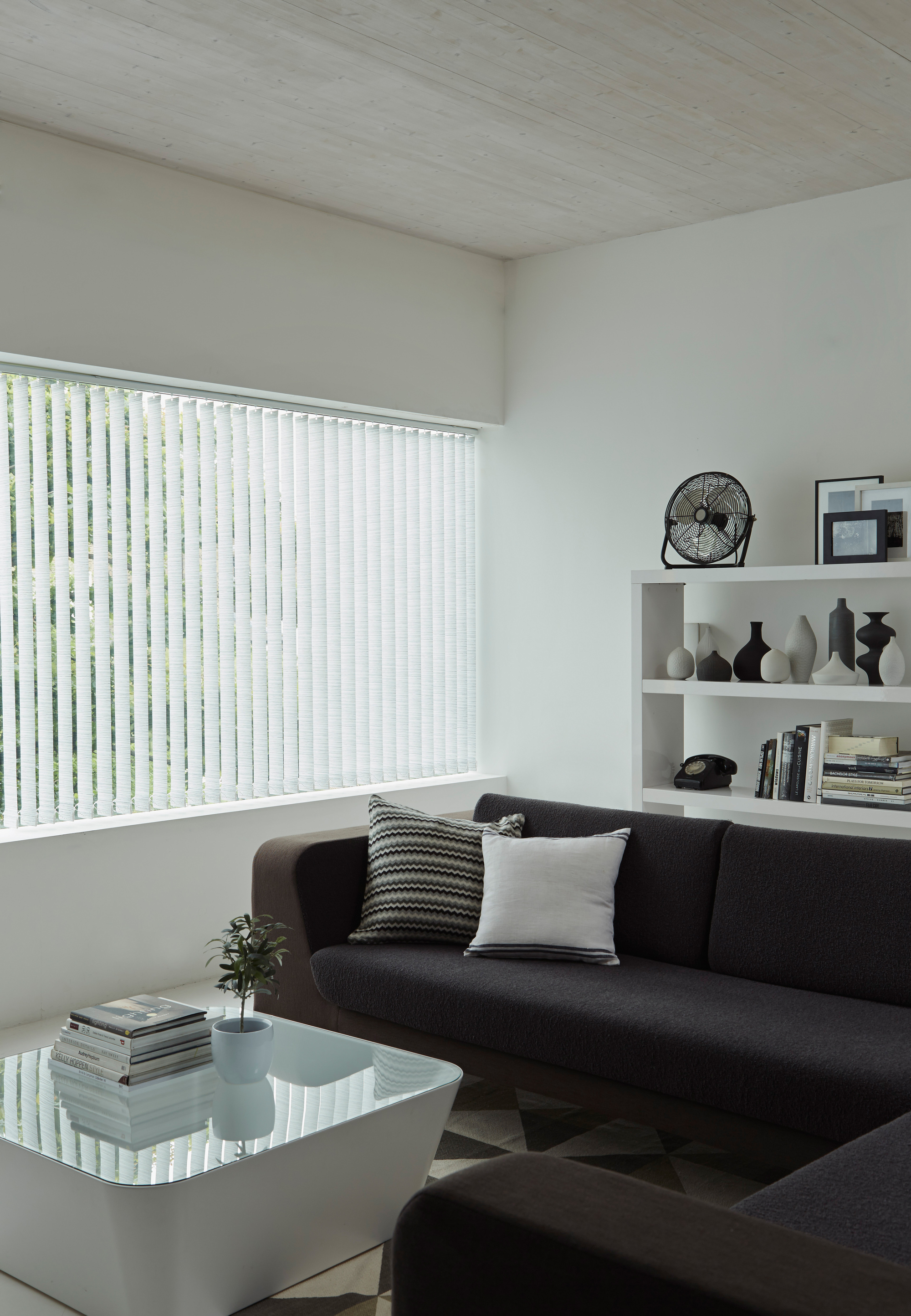 Living room with white walls and book shelf and dark brown couch and light grey vertical blinds open