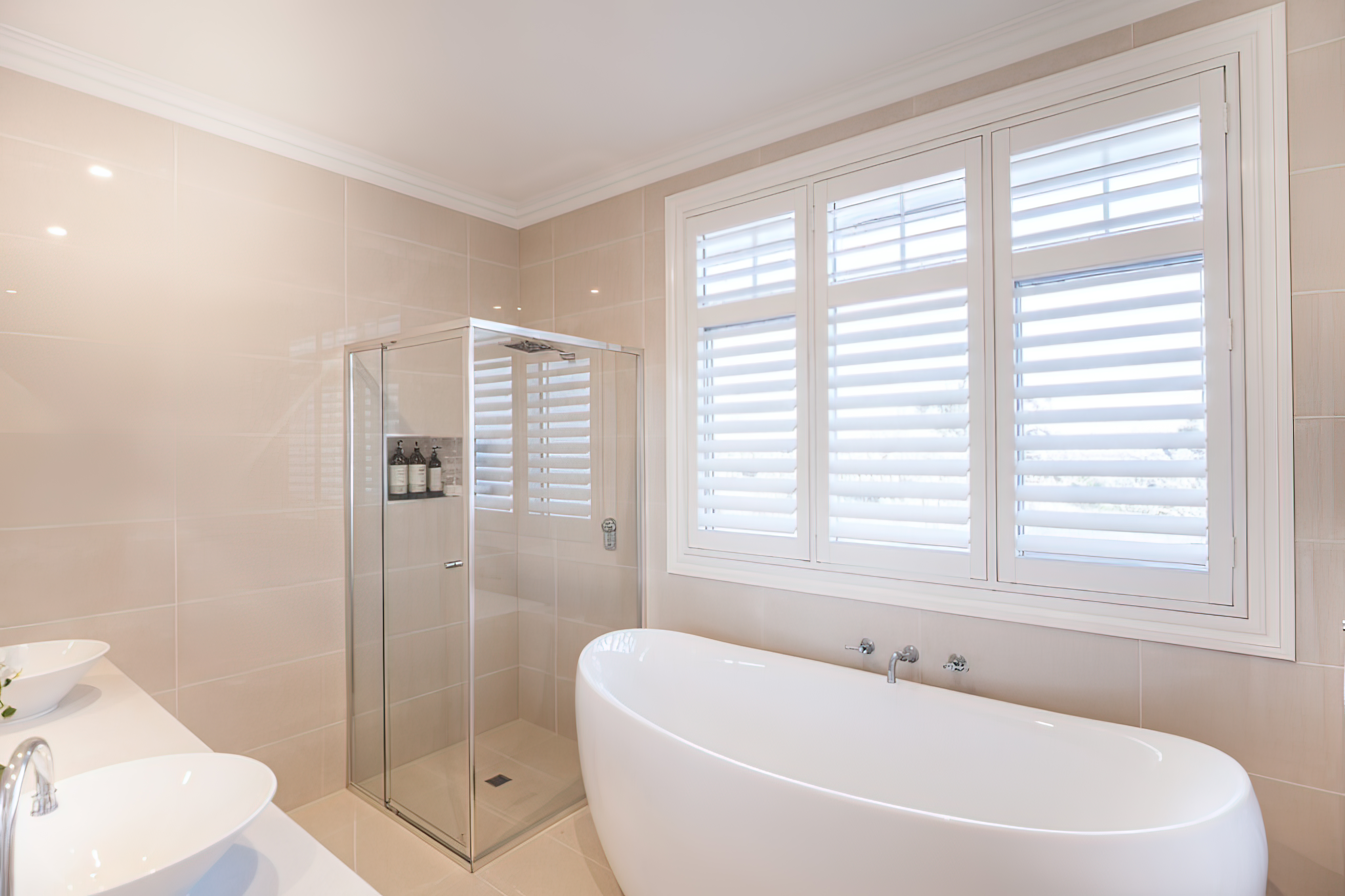 White Plantation Shutters In Bathroom