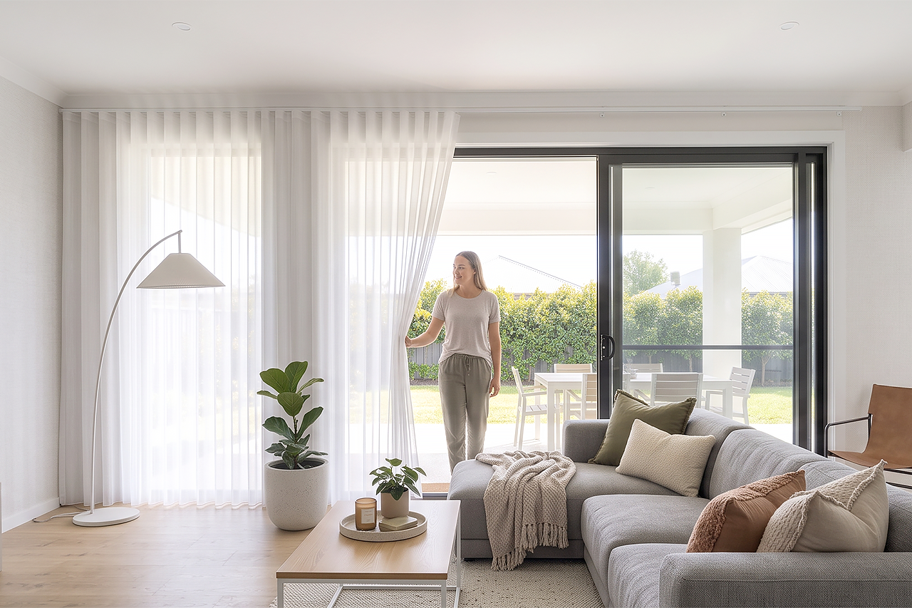 Woman Walking Through Veri Shade Curtains