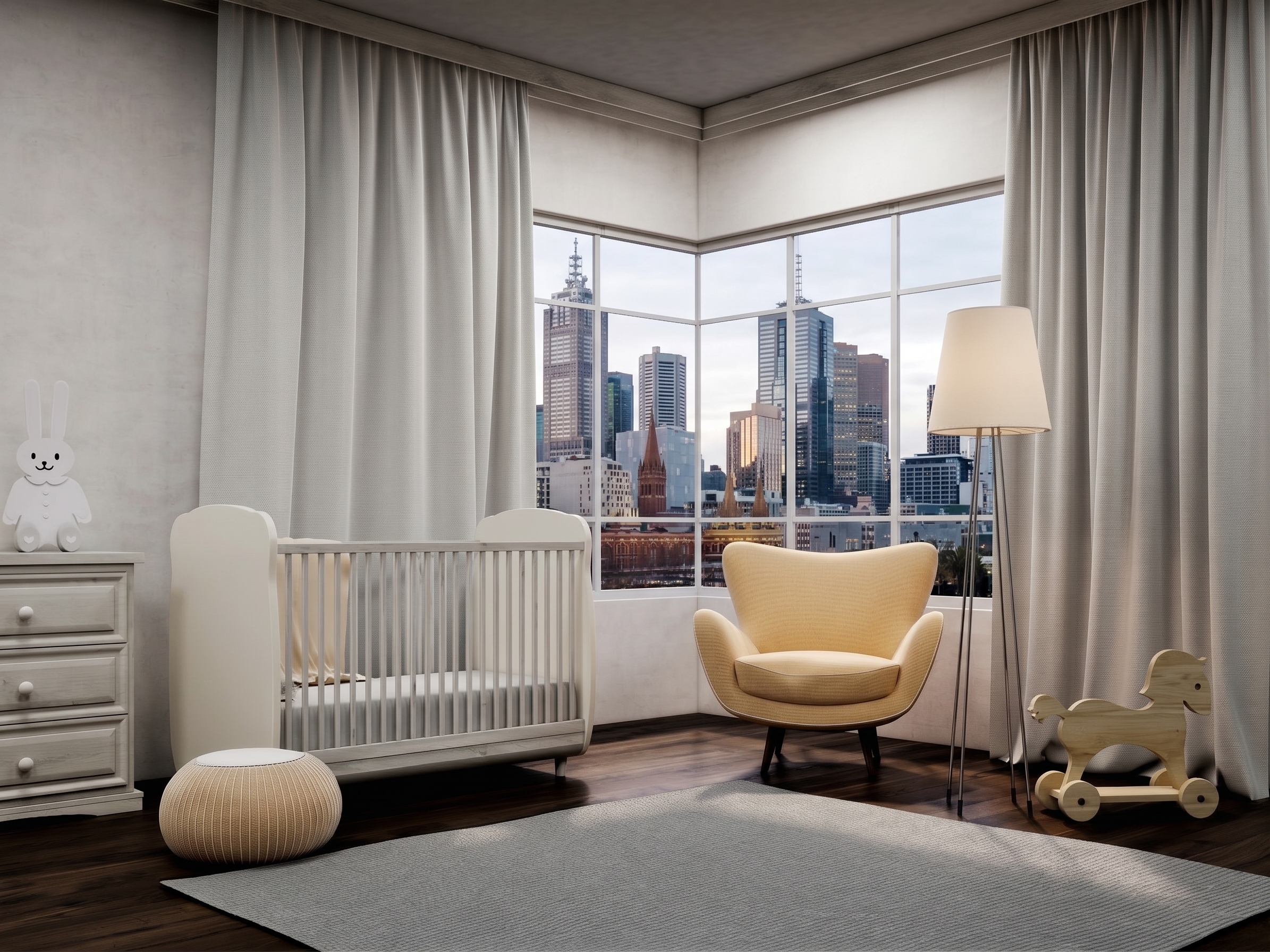 Nursery With Grey Blockout Blinds In Apartment
