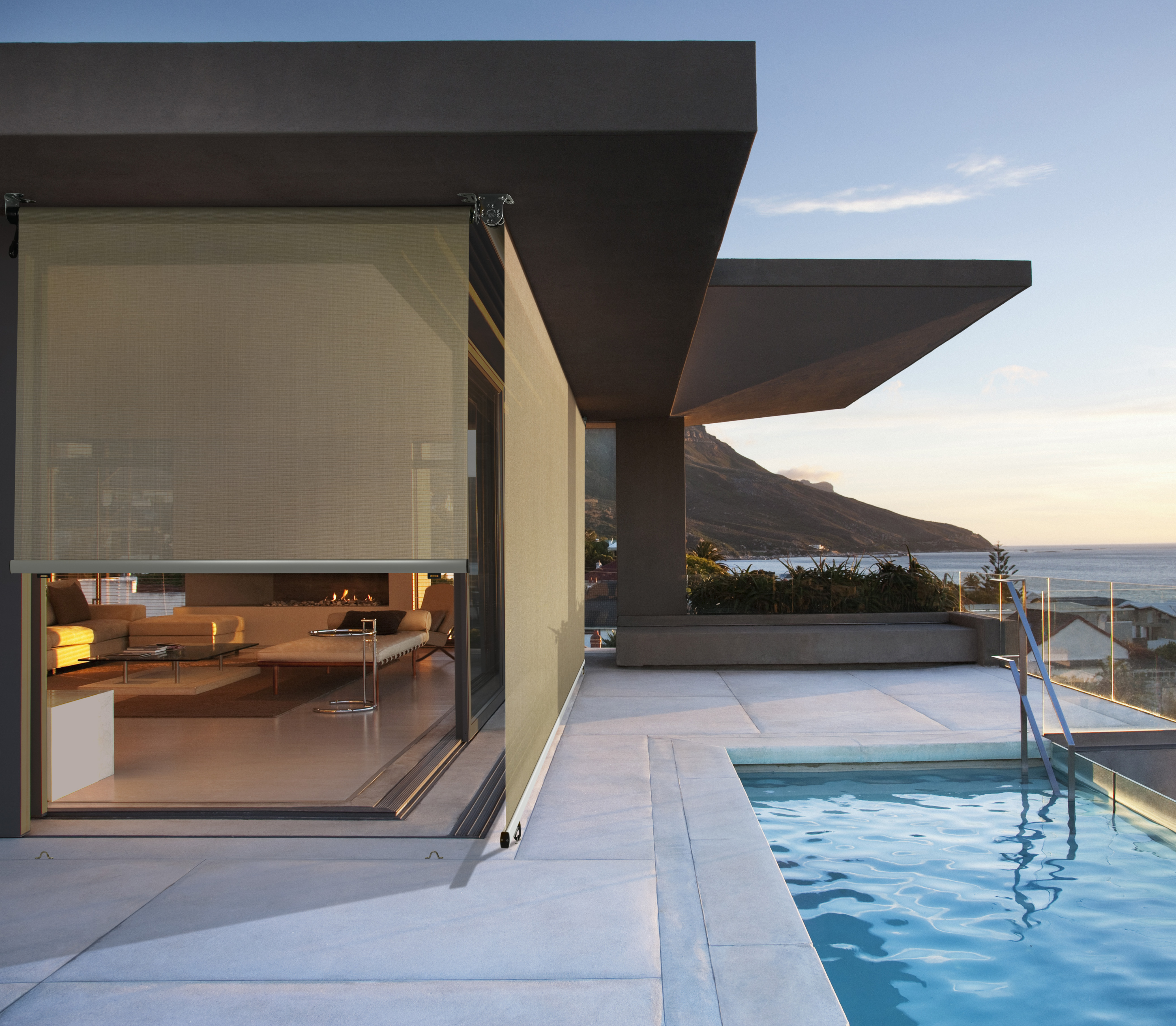 Straight Drop Outdoor Blind Overlooking Pool