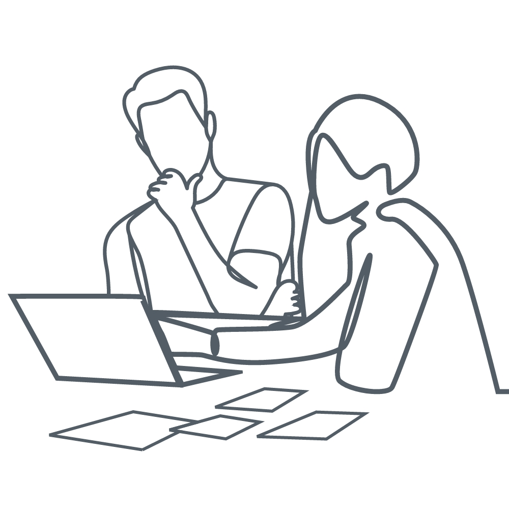 Outline of man and woman having a window furnishings consultation over a laptop
