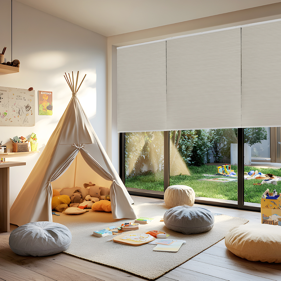 Honeycomb blinds in a young child's bedroom
